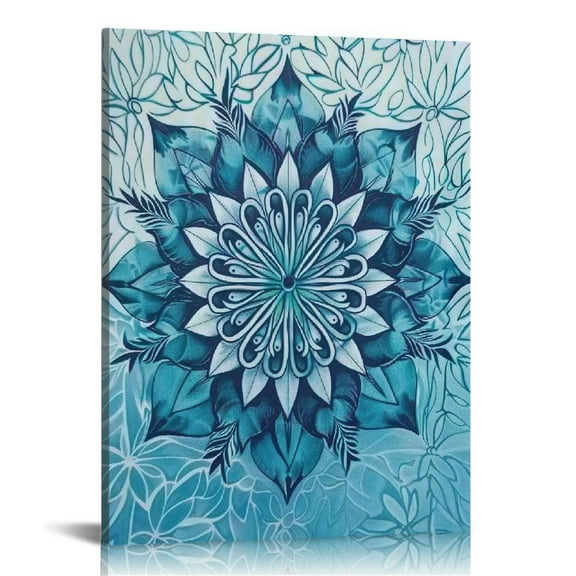 ONETECH Mandala Wall Art Teal Artwork Pictures Blue Boho Decor Flowers Canvas Prints Aqua Geometric Paintings Home Decor Framed for Bedroom Office Bathroom Living Room 12x16 in