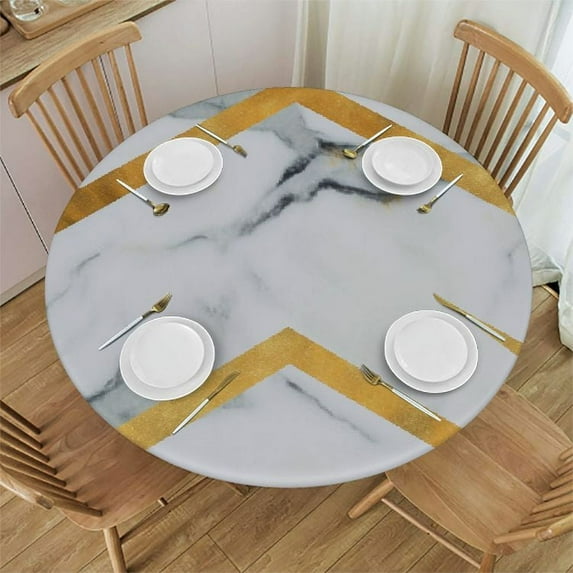 ONETECH Marble Texture Round Tablecloth with Elastic Edge Fitted Table Cover Waterproof Reusable Dining Table Cloth for Indoor Outdoor Picnic Camping Dining