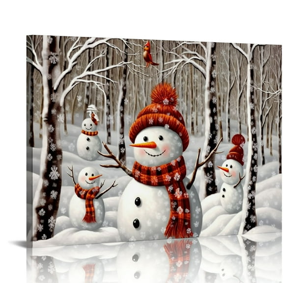 ONETECH  Merry Snowman Picture Decor Wall Art Winter Birch Forest Scene Poster Canvas Print for Children Room