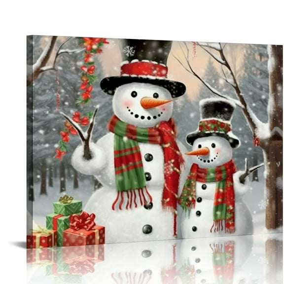 ONETECH  Merry Snowman Picture Decor Wall Art Winter Birch Forest Scene Poster Canvas Print for Happy Christmas New Years Gift