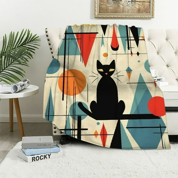 ONETECH Mid Century Black Cat Throw Blanket, Retro Atomic Starbursts Stars Modern Abstract Orange Retro Pattern Kitty Animal 1950s 1960s Vintage Cozy Travel Blanket Perfect for Sofa Bed