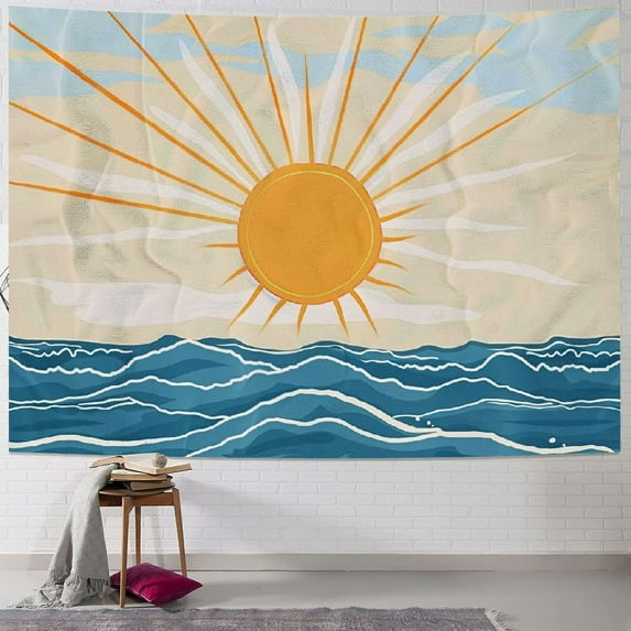 ONETECH Mid Century Boho Sunrise Tapestry Abstract Sunset Sun Waves Modern Minimalist Geometric Simple Art Line Aesthetic Beige Neutral Wall Hanging Bedroom Living Room Dorm Decor