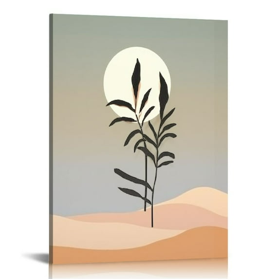 ONETECH Minimalist Boho Wall Art, Boho Wall Decor, Framed Canvas Wall Art Sun Moon Palm Leaf Mountain Rainbow Beige Artwork Prints, Office, Boho Room Decor