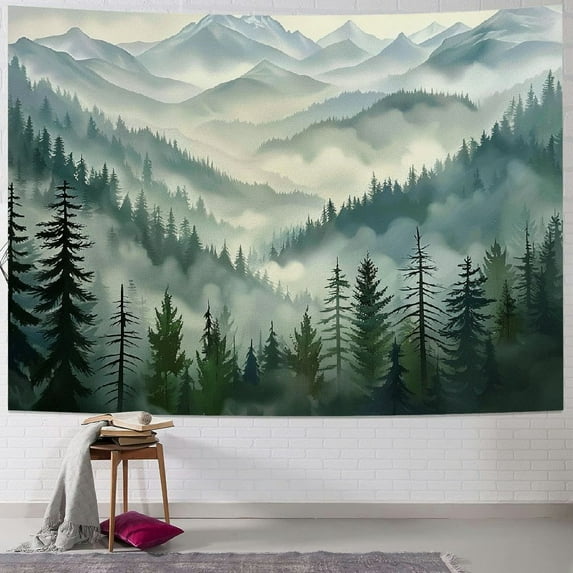 ONETECH Misty Forest Tapestry, Nature Mountain Tapestry Watercolor Landscape Wall Tapestries for Bedroom Aesthetic Men Living Room Sage Green Wall Art Home Decor Gift