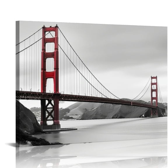 ONETECH  - Modern Home Decoration Wall Art,San Francisco Golden Gate Bridge Picture Painting on Canvas Print Stretched Wood Frame,Red Bridge Ready to Hang 20x16in