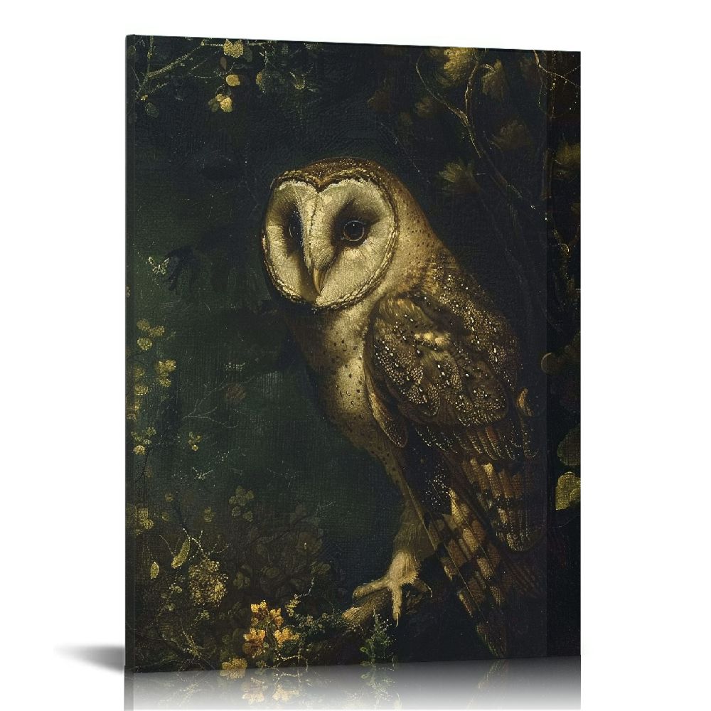 ONETECH Moody Dark Colors Owl Posters Owl On Tree At Night Canvas Wall ...