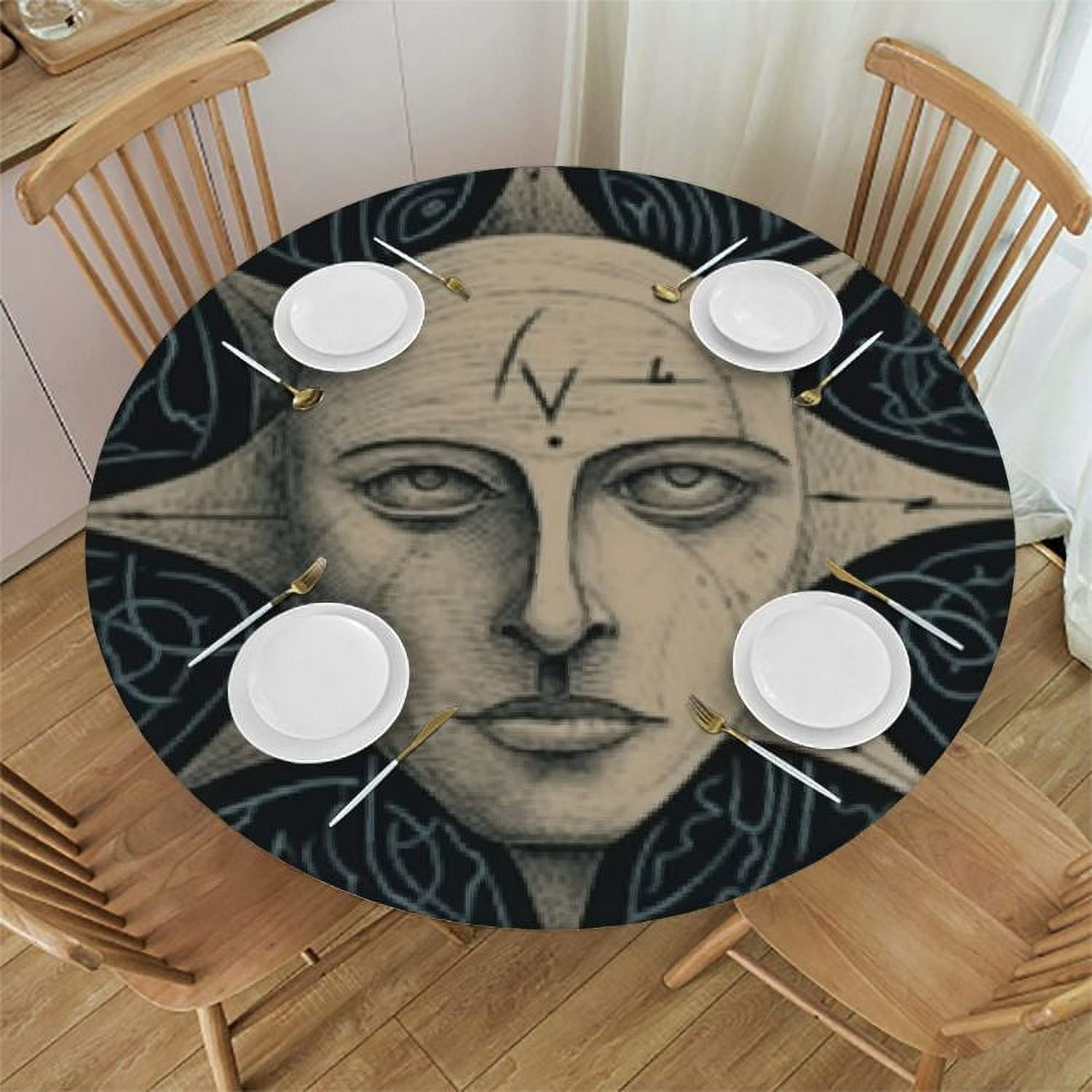 Moon in an Octagonal Star with Magical Inscriptions and Symbols Vintage Table Cloth for