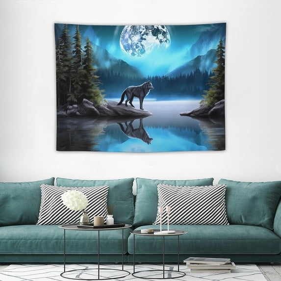 FUMJ  Moon Over Ocean Tapestry Wall Hanging, Galaxy Wolf on Mountain Wall Tapestry, 3D Fantasy Watercolor Starry Night Sky Forest Tapestry Wall Art for Bedroom Living Room Dorm Home Decor,