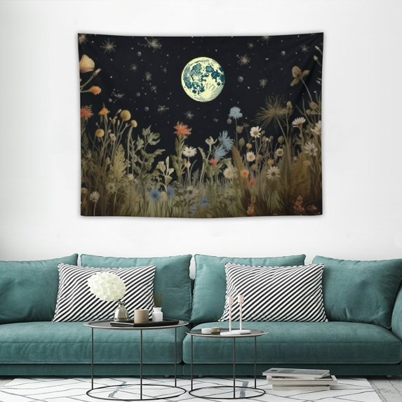 ONETECH Moonlit Garden Tapestry Moon Tapestry Flower Tapestry Colorful Plants Tapestry Black Tapestry Wall Hanging Decor for Room