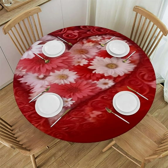 ONETECH Mother's Day Fitted Tablecloth Round, Spring Flowers Valentines's Elastic Edged Table Covers for Party Wedding Picnic, Fits to Round Table, Red Heart Tablecloths, Tables