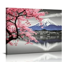 ONETECH  Mount Fuji Wall Art Japanese Mountain over Lake Photo Painting Pink Cherry Blossom Landscape Nature Pictures Canvas Print Black White Artwork for Home Office Living Room Decor