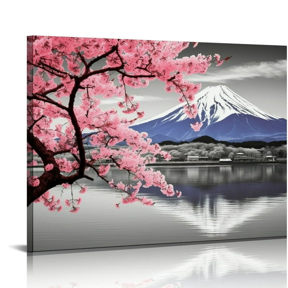 ONETECH  Mount Fuji Wall Art Japanese Mountain over Lake Photo Painting Pink Cherry Blossom Landscape Nature Pictures Canvas Print Black White Artwork for Home Office Living Room Decor