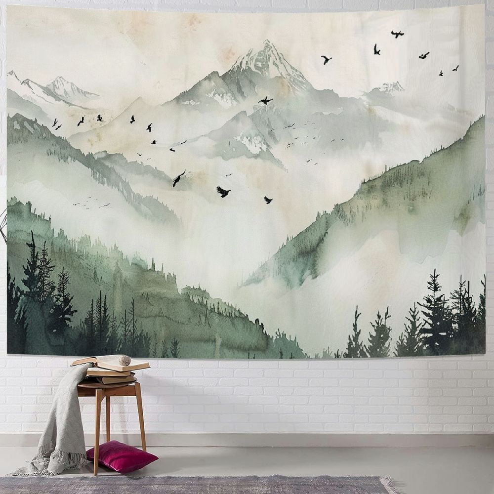 Mountain Forest Tapestry, Misty Foggy Sage Green Tree Landscape