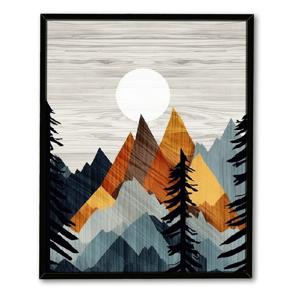 Mountain Framed Canvas Wall Art Set, Country Woodcut Style Wall