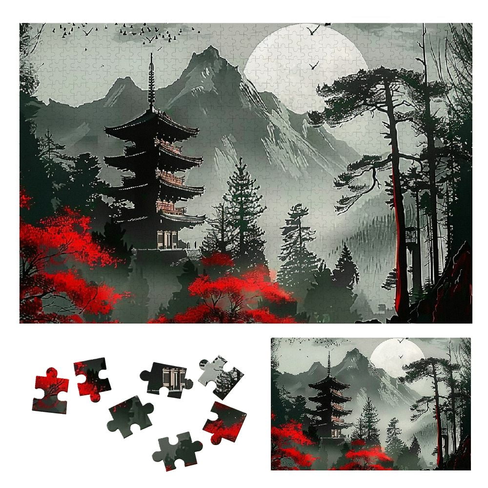 Mountain Pagoda Trees Wooden Jigsaw Puzzle Challenging