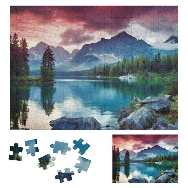 Mountain Range Trees Cloudy Sky Wooden Jigsaw Puzzle