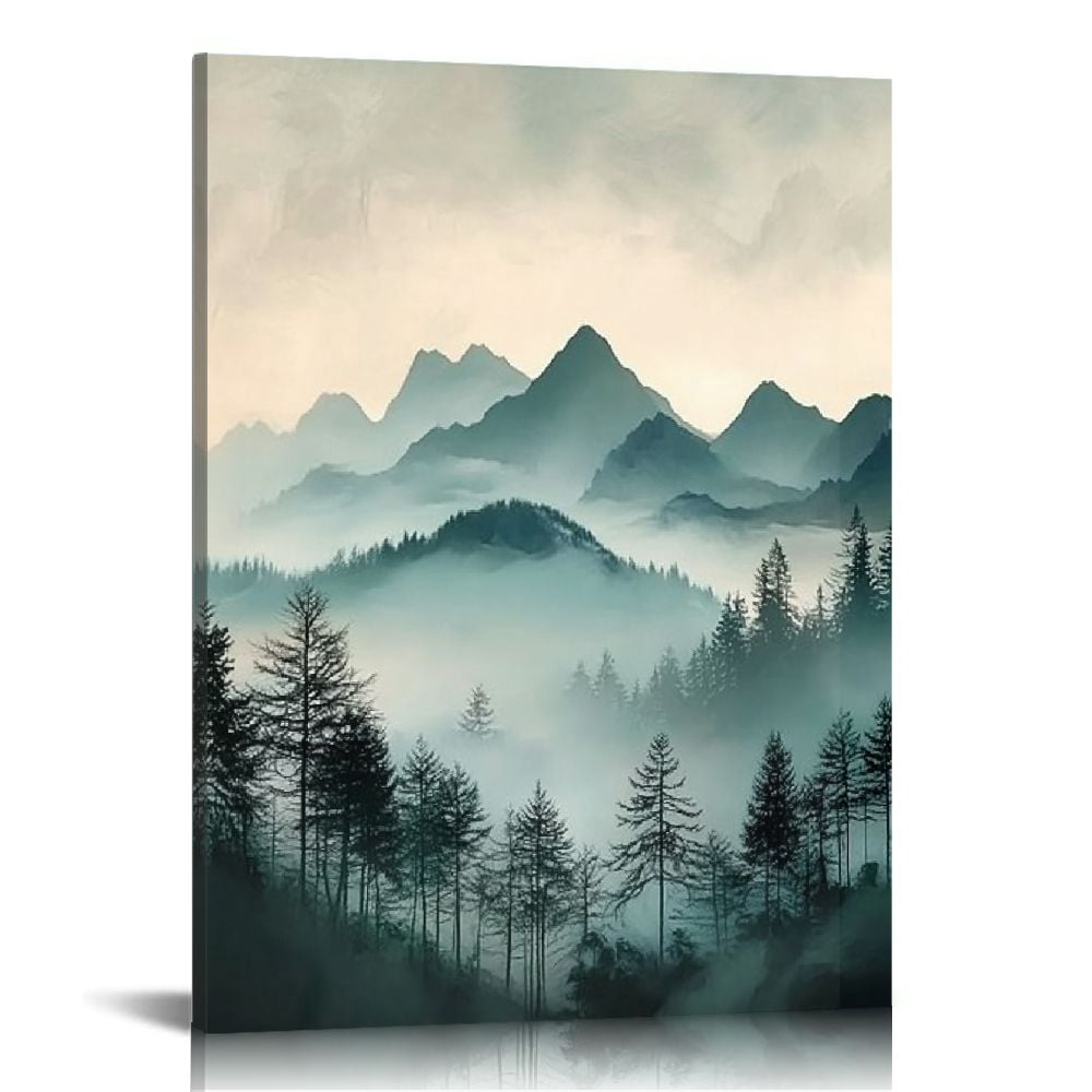 ONETECH Mountain Wall Art Decor Sage Green Forest Canvas Wall Art ...