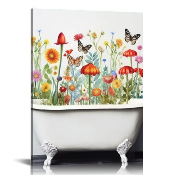 ONETECH Mushroom Floral Canvas Wall Art Mushrooms and Flowers with Butterflies in Bathtub Abstract Painting Nature Plant Wall Art for Bathroom Living Room Decor Framed Ready to Hang