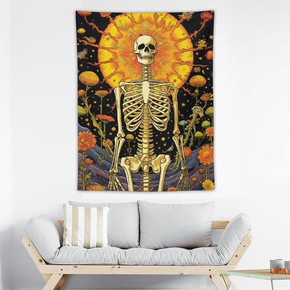 ONETECH Mushroom Skeleton Tapestry Burning Sun Tapestries Hippie Plants Tapestry Vertical Leaves Tapestry Starry Sky Cloud Tapestry Wall Hanging for Room