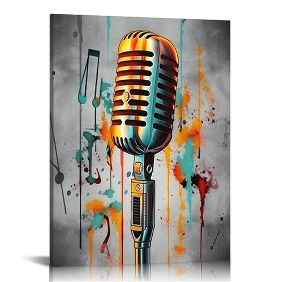 ONETECH Music Artistic Paintings Wall Art Microphone and Headset Note Picture Canvas Giclee Print Modern Home Studio Bedroom Decor Stretched and Framed Ready to Hang Each