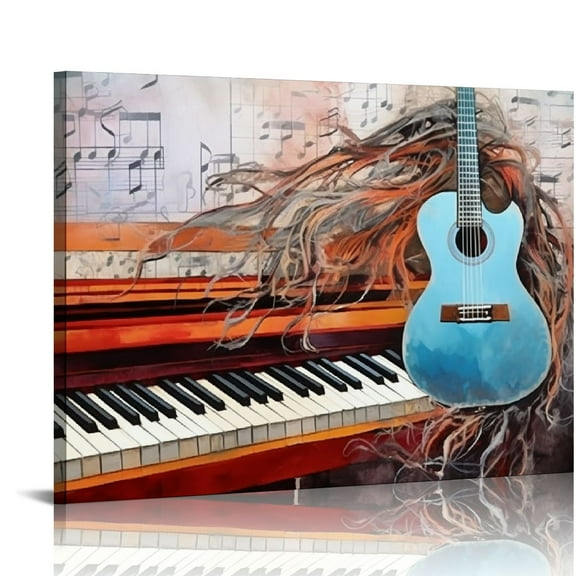 ONETECH Music Wall Art for Living Room, Cool Guitar Canvas Picture of The Rode out like an Arrow on Piano Keyboard, Abstract Musical Theme Painting (Waterproof Artwork, )