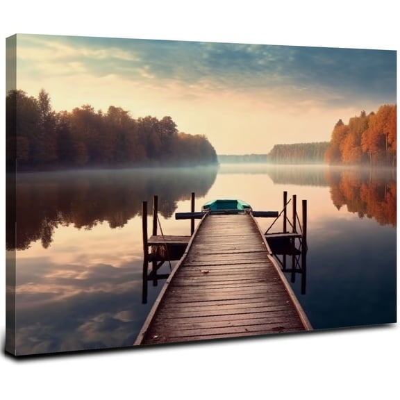 ONETECH Nature Canvas Wall Art Decor: Lake Pier Landscape Picture Forest Tree Scenic Painting Panoramic Fall Scene Print Artwork for Bedroom Bathroom 20x16inch