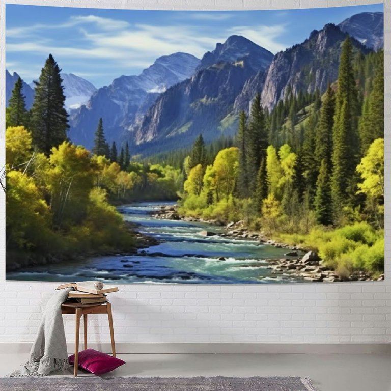 ONETECH Nature Mountain Forest Tapestry Scenic Green Pine Tree Waterfall Landscape Wall Hanging Tapestries for Home Office Dorm Indoor and Outdoor