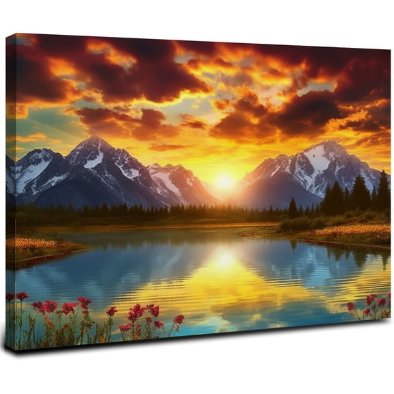 ONETECH Nature Mountain Wall Art for Living Room, National Park Sunflower Landscape Canvas Picture Wall Decor, Sunset Grand Teton Lake Prints Painting Framed Artwork for Kitchen Bedroom 20x16inch