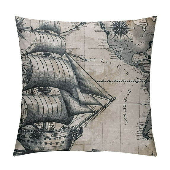 ONETECH Nautical Sailboat Map Throw Pillow Cover Ship Anchor Decorative Pillow Case Cushion Cover Home Sofa Decor Pillow Cover