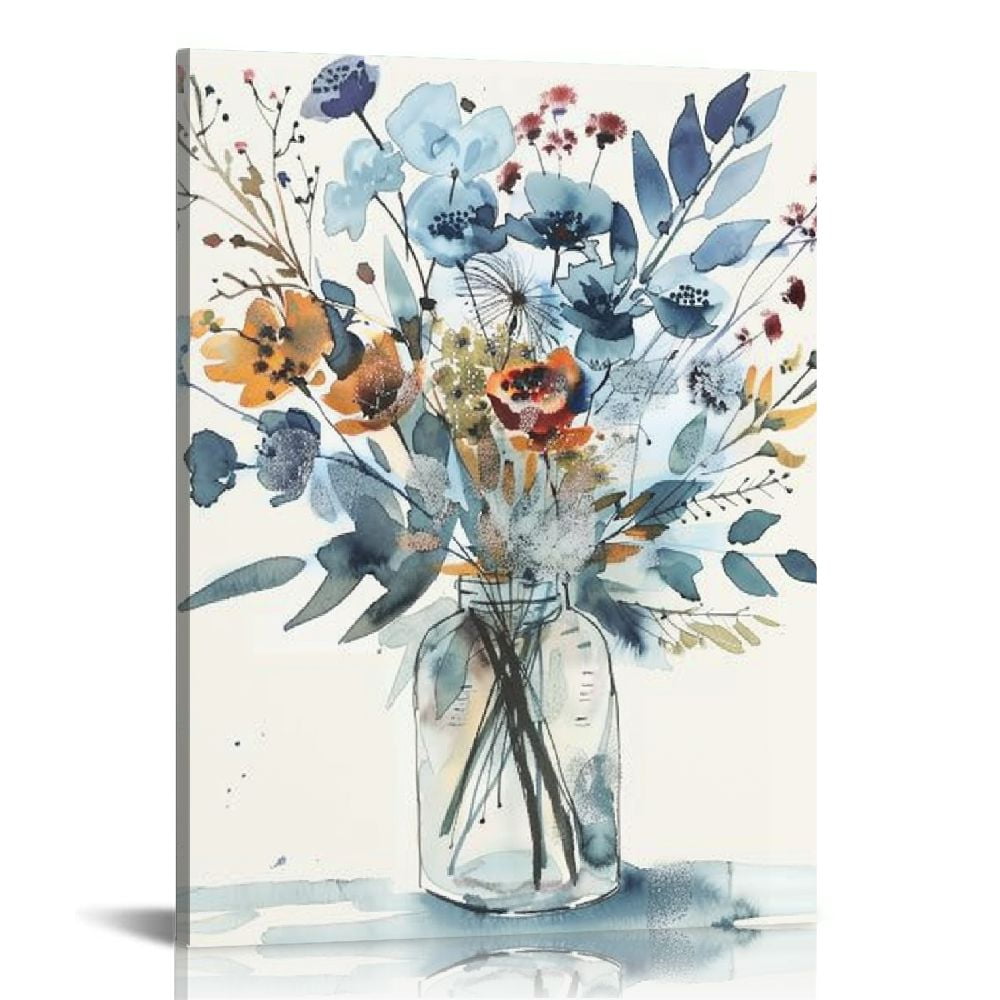 ONETECH Navy Flowers Canvas Wall Art Watercolor Style Abstract Floral Pictures for Bathroom Wall Decor Elegant Botanical Canvas Painting Modern Indigo Blue Simple Life Canvas Print Artwork Decoration