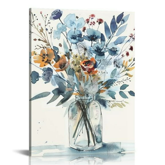 ONETECH Navy Flowers Canvas Wall Art Watercolor Style Abstract Floral Pictures for Bathroom Wall Decor Elegant Botanical Canvas Painting Modern Indigo Blue Simple Life Canvas Print Artwork Decoration