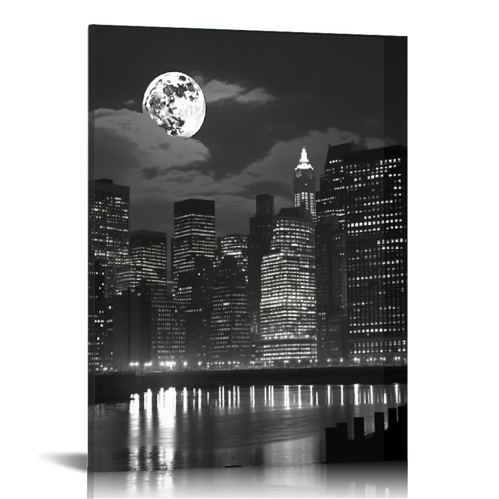 ONETECH New York City Night Skyline Wall Art Full Moon Landscape Black ...