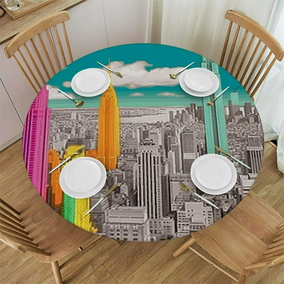 ONETECH New York Tablecloth Round Table Cloth NYC Cityscape Monochrome Photograph with Colorful Buildings Urban Architecture Reusable Multicolor