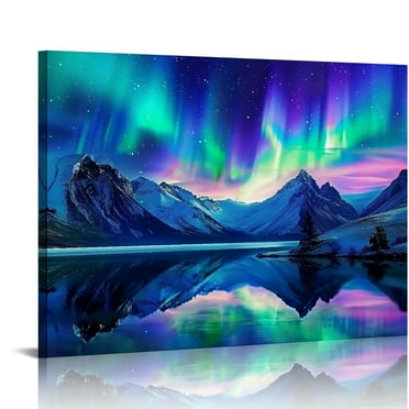 ONETECH  Northern Lights Wall Art Aurora Borealis Painting Forest Mountain Canvas Prints Nature Landscape Home Decor Framed  20x16in