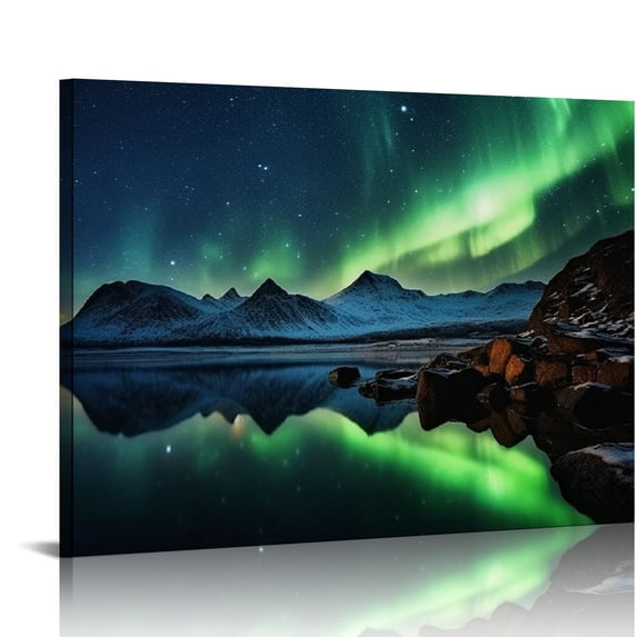 ONETECH Northern Lights Wall Art Green Aurora Borealis Canvas Picture Art Nature Mountain Scenery Prints Decor Nordic Alaska Landscape Painting Artwork for Living Room Bathroom Decoration