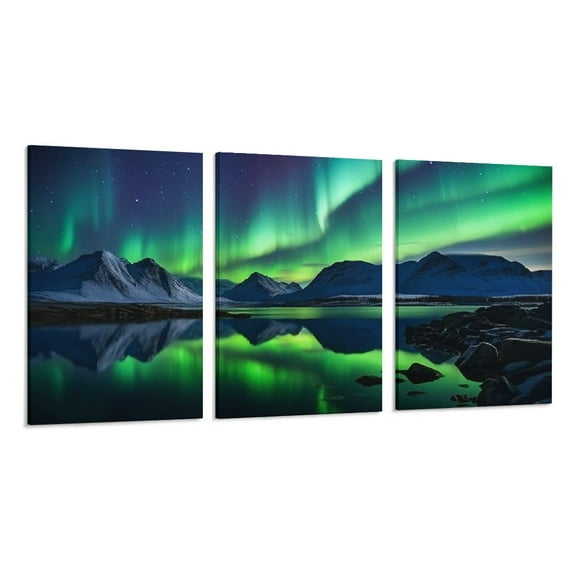 ONETECH Northern Lights Wall Art Green Aurora Borealis Canvas Picture Art Nature Snow Mountain Scenery Prints Decor Alaska Landscape Painting Artwork for Living Room (3 Piece, 12x16in) 12\x16\x3pcs