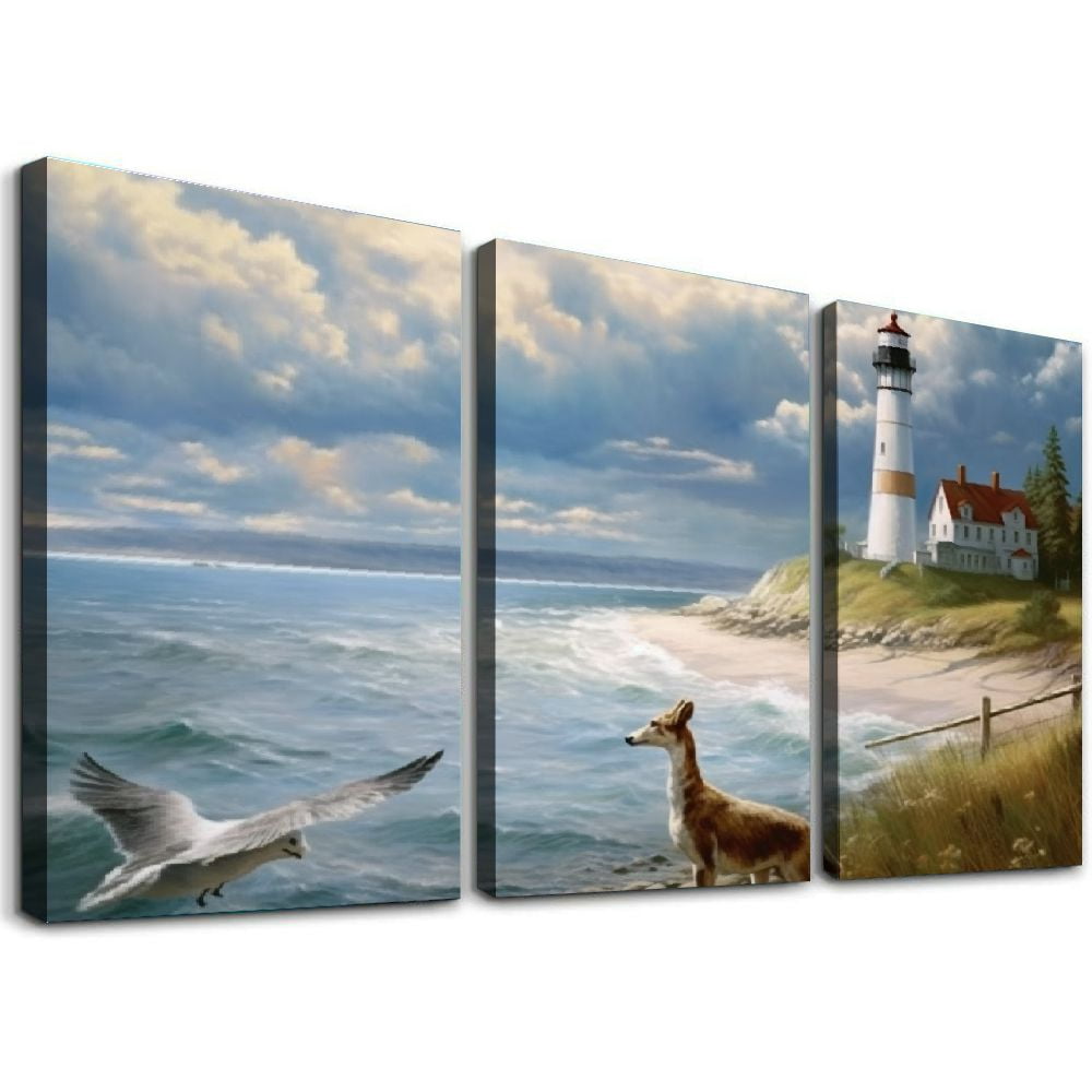 ONETECH Ocean Coastal Seascape Painting Lighthouse Canvas Wall Art ...