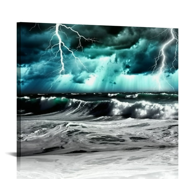 ONETECH Ocean Lightning Storm Canvas Wall Art Black White Blue Sea Wave Picture Mordern Sea Seascape Print Painting Coastal Nautical Artwork for Living Room Kitchen Bedroom Office 16x12in