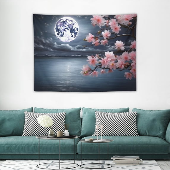 ONETECH Ocean Tapestry Moon Tapestry Wall Hanging Pink Cherry Blossom Japanese Anime Scenery Tapestry for Bedroom Living Room Decor Artistic