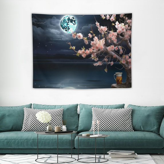 ONETECH Ocean Tapestry Moon Tapestry Wall Hanging Pink Cherry Blossom Japanese Anime Scenery Tapestry for Bedroom Living Room Decor Artistic