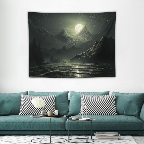 ONETECH Ocean Tapestry Wall Hanging Gold Full Moon over Ocean Natural Scenery Tapestries Night Sky Wall Decor Blanket for Living Room Bedroom Party,