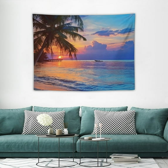 ONETECH Ocean Tapestry for Bedroom Beach Palm Tree Wall Hanging Sunrise Decor,Blue