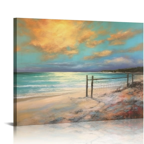 ONETECH Ocean Teal Wall Art Canvas Coastal Beach Painting Blue Turquoise Landscape Sunset Picture, Panoramic Gold Foil Textured Large Artwork Framed for Living Room Bathroom Wall Decor