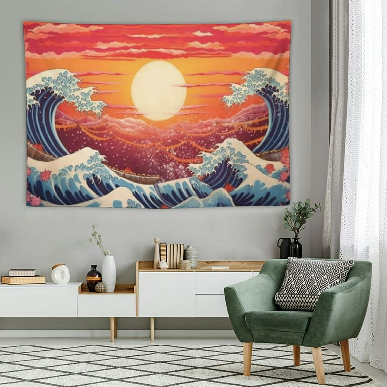 ONETECH Ocean Wave Tapestry Wall Hanging Colorful Sea with Sun Sunset Tapestry 3D The Great Wave Tapestry Japanese Tapestry for Living Room Bedroom