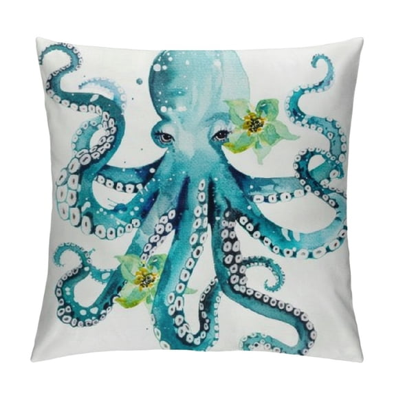 ONETECH Octopus Throw Pillow Cover Decorative Square Green Flower Pillow Case White Pillowcase for Bed Bedroom Couch Chair Ocean Blue