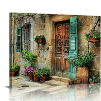 ONETECH Old Mediterranean Pictures Painting Vintage Charming Italian Rural Village Canvas Wall Art Framed for Living Room Bedroom Decor 20x16in