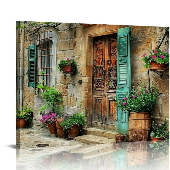 ONETECH Old Mediterranean Pictures Painting Vintage Charming Italian Rural Village Canvas Wall Art Framed for Living Room Bedroom Decor 20x16in