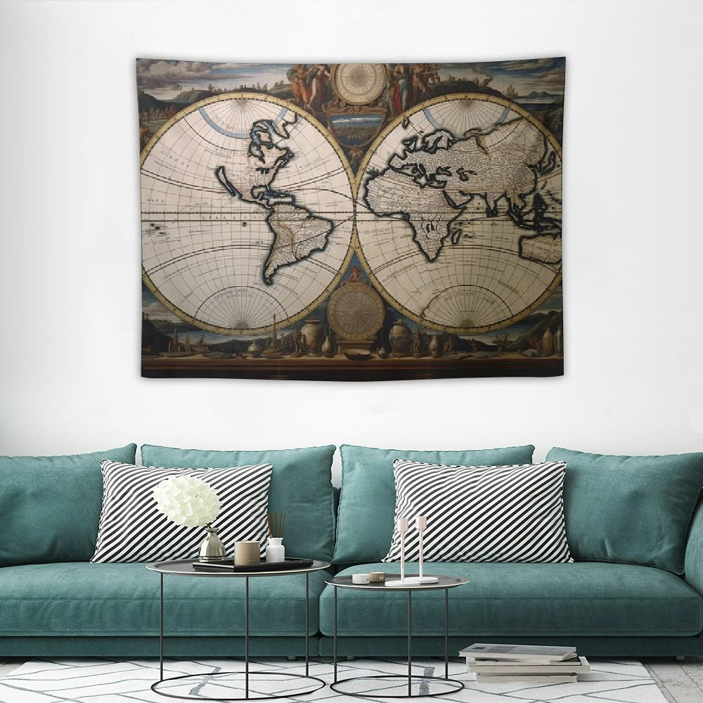 ONETECH Old World Map  Woven Tapestry Wall Art Hanging  Vintage 
