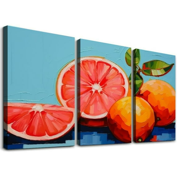 ONETECH Orange Fruit Wall Art Abstract Fruit Prints Orange Blue Fruit Canvas Abstract Lemon Poster Still Life Painting Citrus Artwork Vintage Fruit Art Fruit Pictures For 12''x16''X3 Panels