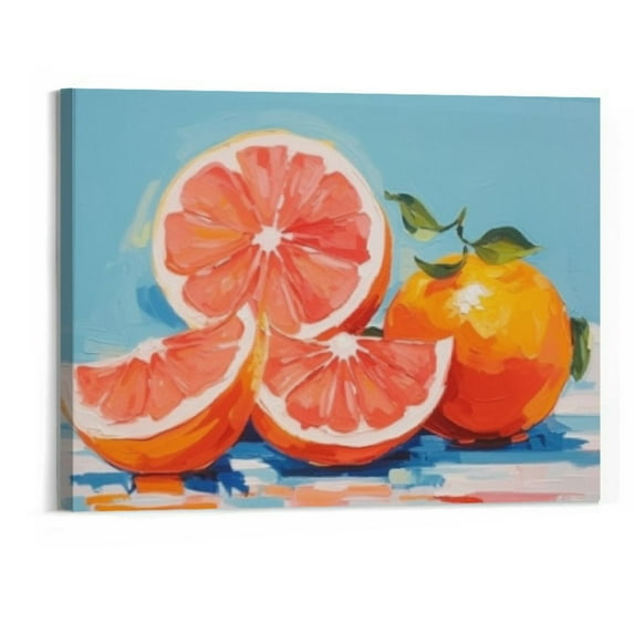 ONETECH Orange Fruit Wall Art Abstract Fruit Prints Orange Blue Fruit Canvas Abstract Lemon Poster Still Life Painting Citrus Artwork Vintage Fruit Art Fruit Pictures For Kitchen Wall Decor 20x16 Inch